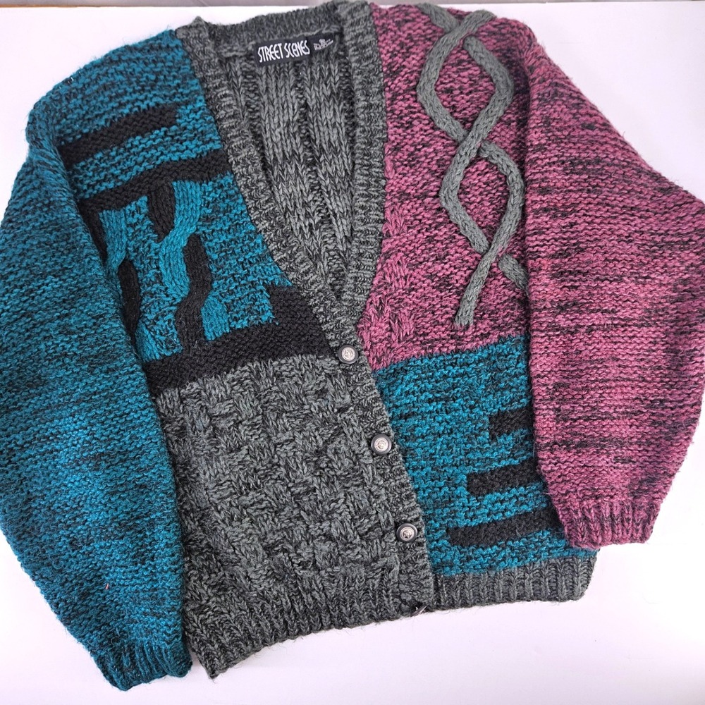 Street Scenes Vintage 90s Mixed Knit Colorblock Button Front Cardigan Sweater XL